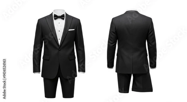 Fototapeta A front and back view of a black tuxedo with a bow tie and a white pocket square on a mannequin
