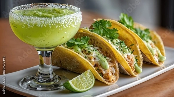 Obraz Freshly made tacos filled with savory ingredients sit alongside a colorful drink garnished with lime and salt, inviting diners to indulge in a culinary delight during a lively meal.