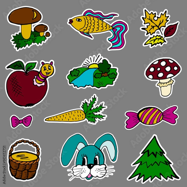 Fototapeta A set of fashion labels, badges. Mushrooms, mushroom, sweet, bow, fish, apple, caterpillar, carrots, autumn leaves, rabbit, pottle, fir