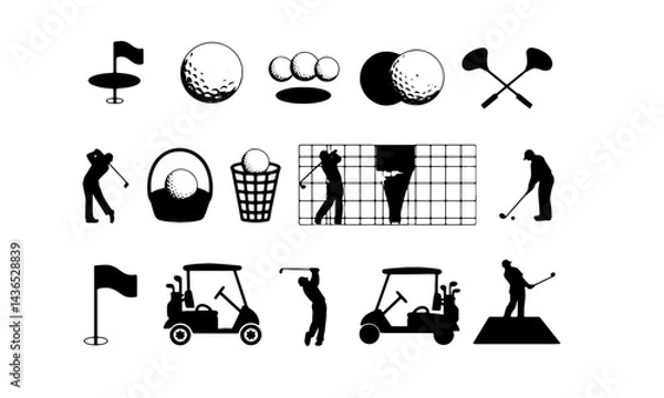 Obraz Golf icons set. The game of golf unfolds on the course, with clubs striking balls toward holes. Included are various equipment and rule-related icons, presented in monochrome black and white