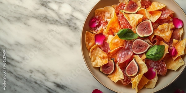 Obraz Gourmet appetizer plate with fig slices, cured meat, crispy chips, basil and rose petals on marble background for restaurant menus, food blogs, culinary websites, recipe books, luxury food branding