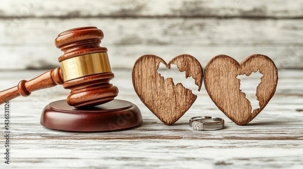 Obraz Symbolic representation of divorce with a gavel and broken heart wooden pieces.