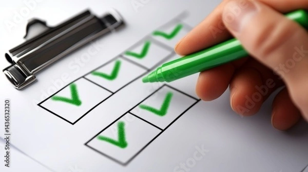 Obraz Hand checking off items on a list with a green pen for organized planning.