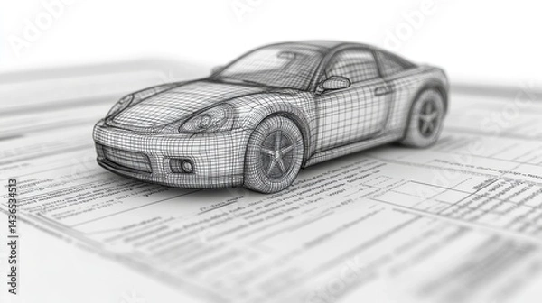 Fototapeta Abstract Grayscale Sports Car Model on Document