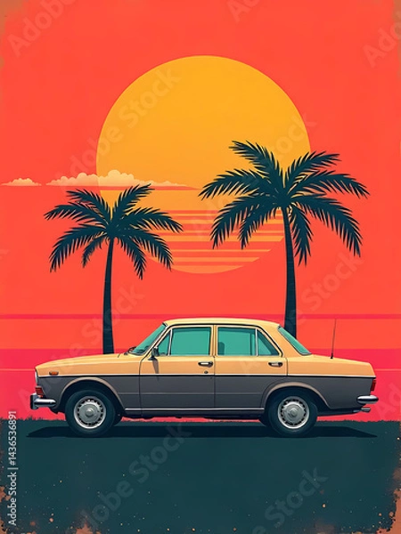 Fototapeta A stylish retro car parked by palm trees on a beautiful tropical sunset background.