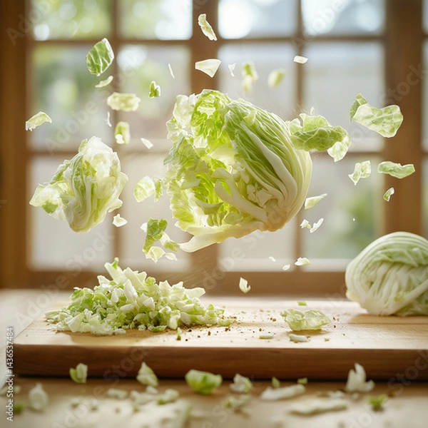 Obraz Fresh cabbage being chopped with flying pieces in the kitchen