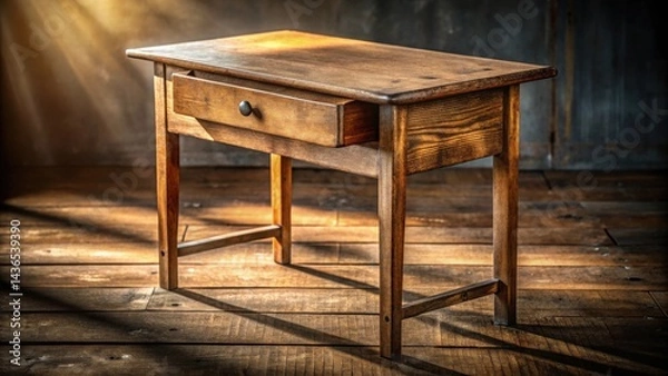 Fototapeta A Rustic Wooden Table with a Single Drawer, Bathed in Warm Sunlight on a Weathered Wooden Floor