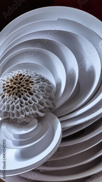 Fototapeta Abstract White Paper Sculpture Art Design Close up of Circular Layers and Flower Detail