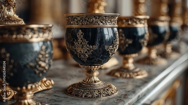 Obraz Beautiful, abstract and ornate black and gold cups sitting on a church altar with tall golden columns in the background of the building on a beautiful sunny day
