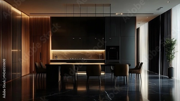 Obraz Modern Kitchen Design with Central Island and Elegant Lighting Features