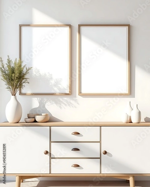 Fototapeta Minimalist Interior with Two Blank Frames on Wall above Cabinet, Featuring Natural Light and Modern Decor                                             