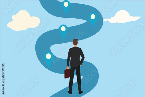 Obraz Success roadmap journey, milestone or career path achievement, route or pathway to achieve goals, accomplishment, assessment or way to success, businessman look at achievement milestone to success.