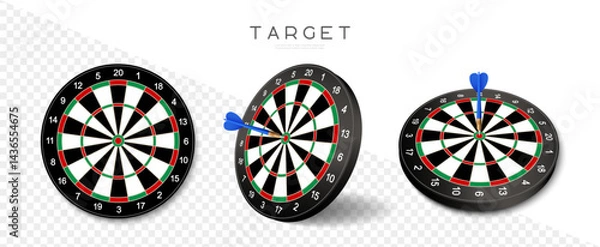 Obraz Dartboard vector icon set. Black dart board with arrows for pub darts game. Business target symbol