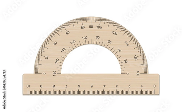 Fototapeta Vector mockup wooden protractor ruler. Measuring tool with ruler scale. School measuring equipment