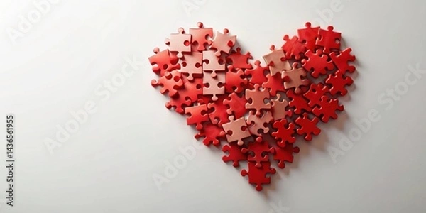 Obraz A collection of interlocking puzzle pieces forming a heart shape on a light background, symbolizing love, connection, and the complexity of relationships.
