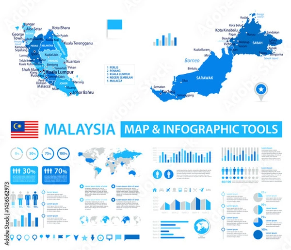 Fototapeta Malaysia Infographic Map with Data Visualization Elements - Vector Map of Malaysia