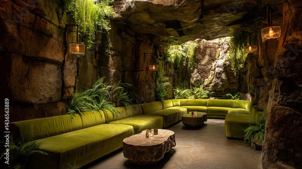 Fototapeta A lounge with green velvet seating in a cave like setting with rock walls and ferns hanging down