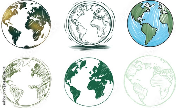 Fototapeta Hand-Drawn Earth Globe Variations – Sketch and Watercolor Style