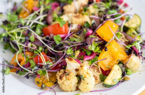 Obraz Close up of Roasted Vegetable Salad with Fresh Herbs and Sprouts