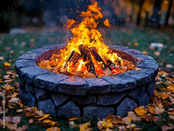 Obraz A bonfire burns brightly within a stone fire pit surrounded by autumn leaves
