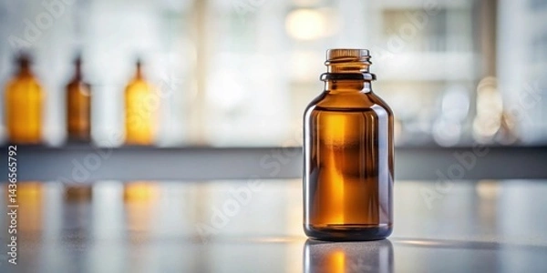 Fototapeta Amber glass bottle on a reflective surface with blurred background of similar containers