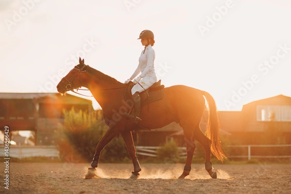 Fototapeta Woman rider jockey in helmet and white uniform preparing horse racing