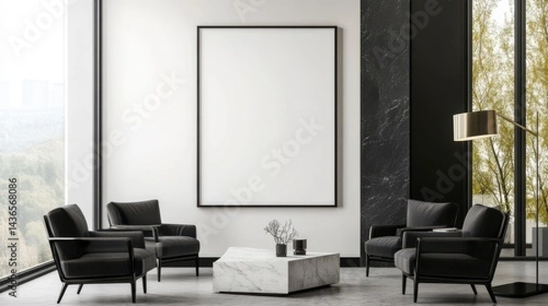 Fototapeta Modern Minimalist Waiting Area with Gray Armchairs and Marble Table