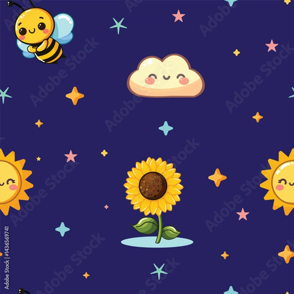 Fototapeta Vector illustration of cute cartoon seamless pattern of bees in style with clouds and suns