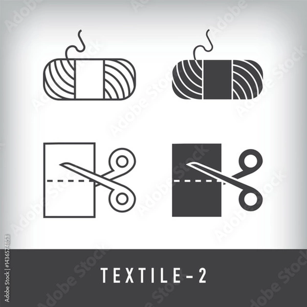 Fototapeta Thread and fabric cutting, material and textile designs. Simple linear and flat artistic art icon set.