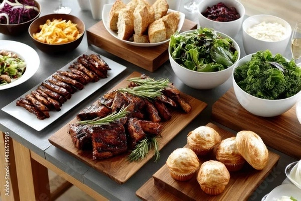 Fototapeta Delicious barbecue spread featuring ribs, salads, bread, and muffins at a gathering in a modern setting