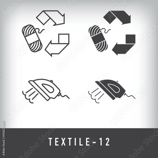 Fototapeta Recycling yarn, ironing, ecological and textile designs. Simple linear and flat artistic art icon set.