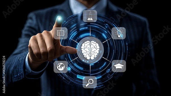 Fototapeta Businessman in suit pointing at glowing futuristic digital interface representing innovation and growth
