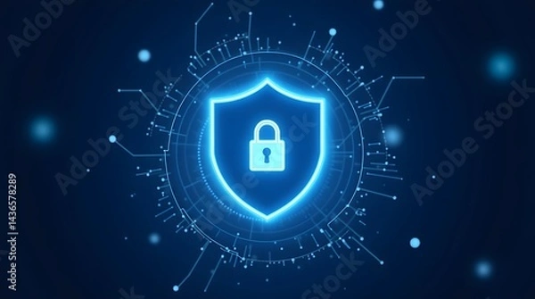 Obraz Digital shield with lock icon. Represents cybersecurity, data protection. Best for tech, security, business concepts.