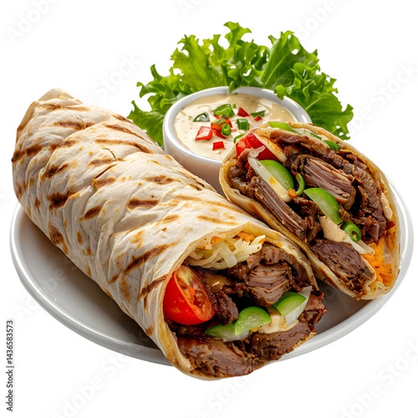 Fototapeta Delicious shawarma wrap cut in half isolated on transparent background