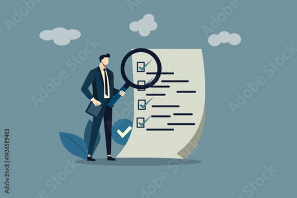 Obraz Inspect or review document, report or legal audit, quality assurance, search for document, information or research, investigate, proof or checking concept, businessman with magnifier inspect document.