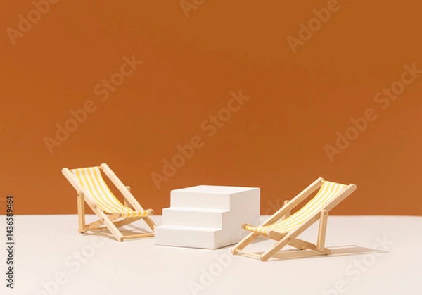 Obraz Minimal Summer Product Presentation Scene with Deck Chairs and White Stairs Prop on Warm Terracotta Background for Your Product Placement. Studio Photography.
