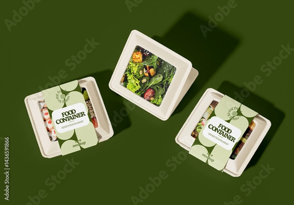 Fototapeta Top View Food Container Mockup with Paper Label