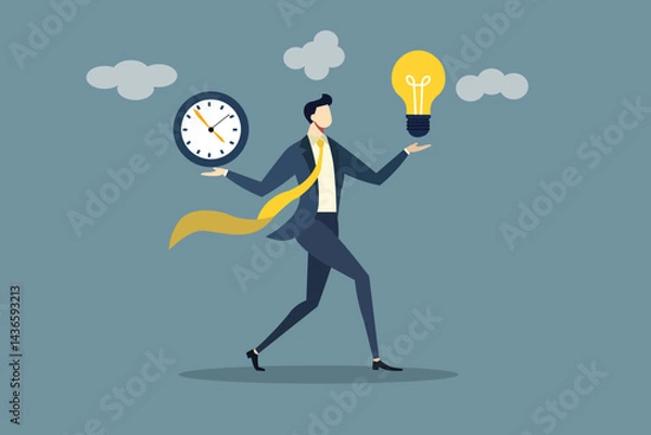 Obraz Time management, efficiency, productivity to finish work, delegation, finish tasks, prioritize responsibility, manage schedule, planning concept, businessman holding time clock with pie chart routine.