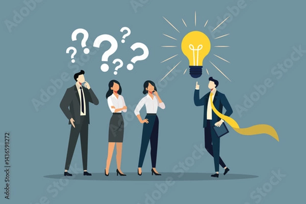Obraz Question answer, advice or suggestion, solving problem with solution, q and a or faq, quiz or solution discovery, information guidance concept, businessman offer solution for people question marks.