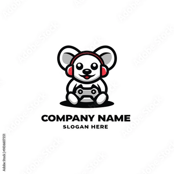 Obraz Cute mouse character holding a controller, wearing headphones, logo design