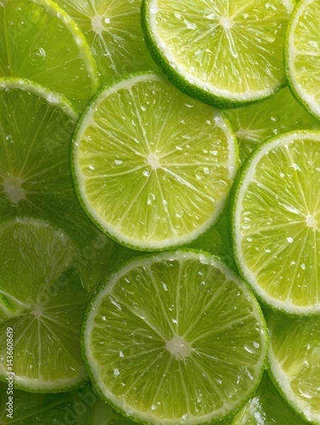 Fototapeta Closeup of Juicy Green Lime Slices Glistening Under Bright Light