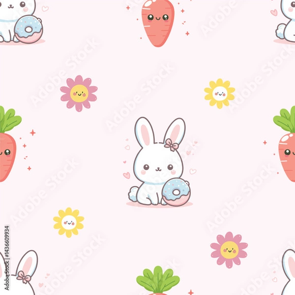 Fototapeta Vector illustration of cute bunny seamless pattern with sunflowers and suns repeating