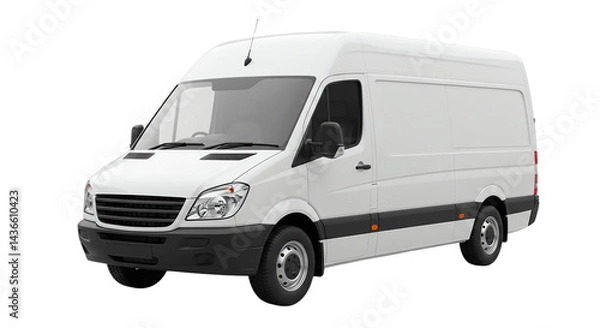 Fototapeta A white delivery van parked on a black background with its headlights and tires visible in the image