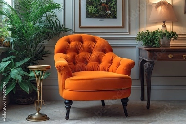 Fototapeta Luxurious, tufted armchair in an elegant interior setting.
