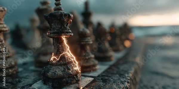 Fototapeta Surreal Chessboard Under Thunderstorm with Mystical Lightning