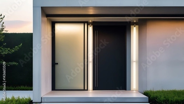Fototapeta A contemporary main entrance featuring a sleek black metal frame with clean lines, frosted glass panels that allow for subtle natural light filtration, and understated minimalist lighting fixtures.