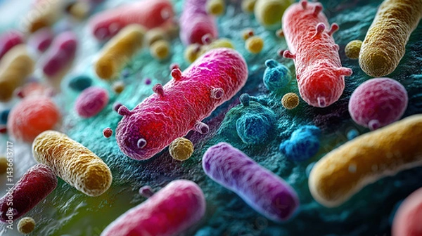 Fototapeta A vibrant illustration of diverse bacteria showcases the microscopic world's intricate beauty and complexity.
