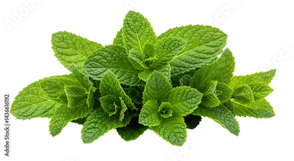 Fototapeta A vibrant bunch of fresh green mint leaves arranged closely together on a black background isolated shot