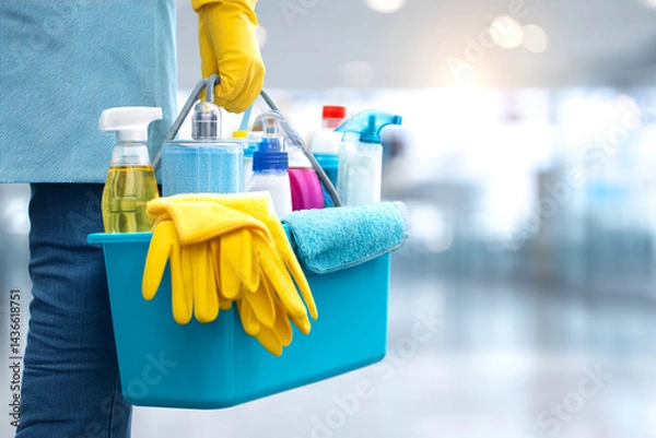 Fototapeta Blue cleaning bucket with cleaning supplies, yellow gloves and a towel, held by a person, showcasing cleanliness and hygiene services