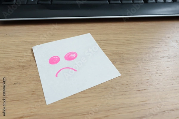 Obraz Sad pink face drawn in a white note by placing on a wooden desktop with keyboard. Sticky notes